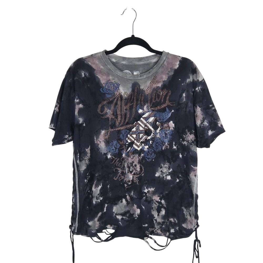 Affliction Womens XL Tie Dye Lace Up Distressed T-Shirt Black Grunge Punk Biker